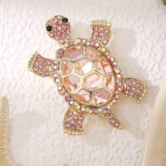 Turtle Brooch Pink Rhinestone Pin Stylish Sea Sparkle Glam Tortoise Trendy Fun - Picture 1 of 2
